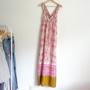 Loft Pink Cream Gold Print Silk V neck Criss Cross Back Maxi Dress